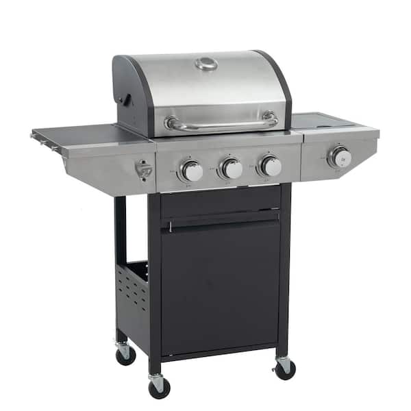 Unbranded Stainless Steel Portable Propane Grill in Black and Silver with 3 Burner Barbecue Grill with Side Burner for Cooking