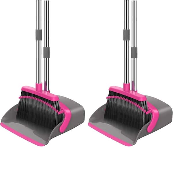 Grey Rose 52‑In Long Adjustable Handle Upright Broom & Dustpan Set,with Hair‑Cleaning Teeth(2‑Pack)