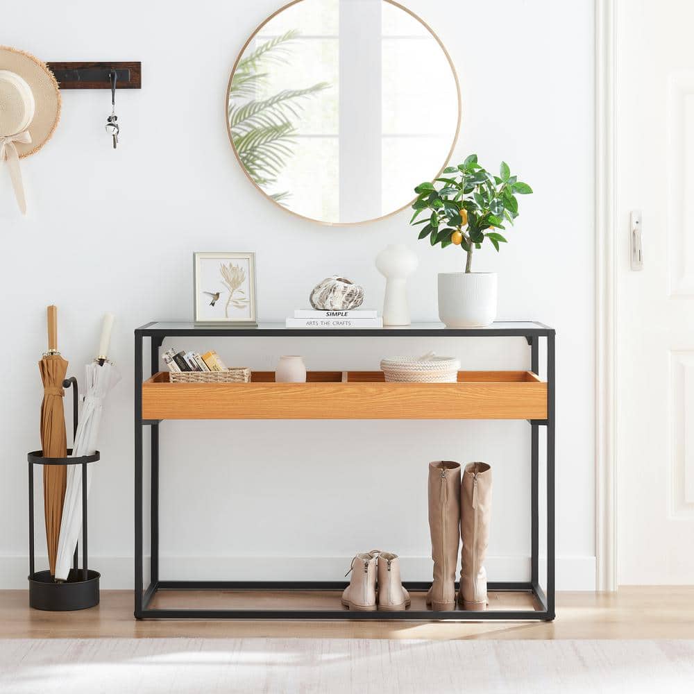 Golden Oak and Black Metal Console Table with Glass Top and Storage Shelf