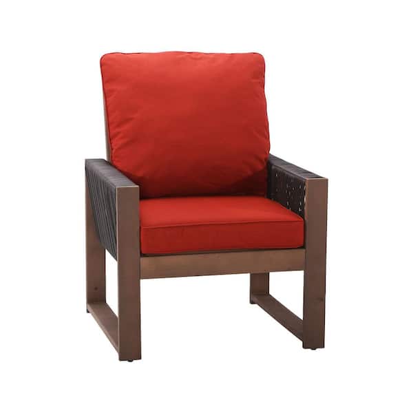 INMITOM Outdoor Patio Wooden Lounge Chair with Red Cushions and Square Frame