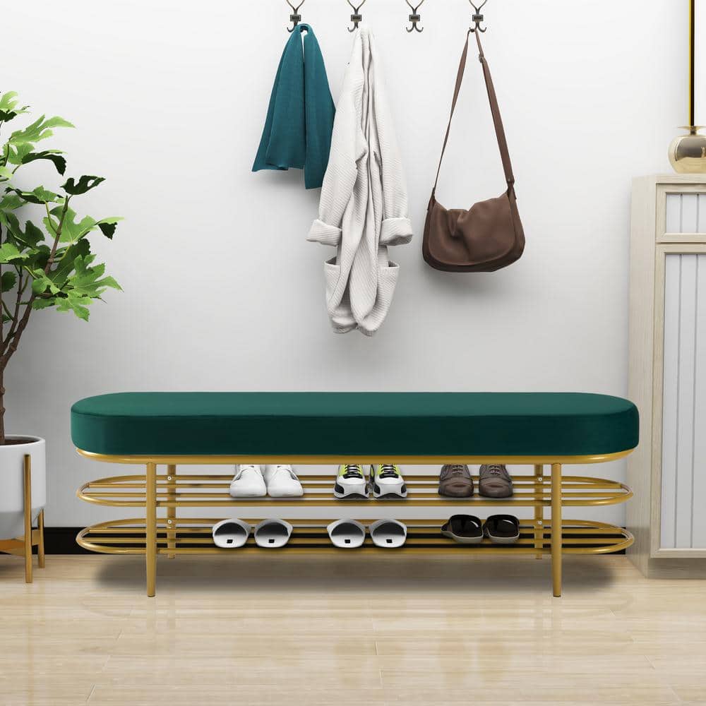 J&E Home 17.7 in. H x 54.9 in. W Green Modern Shoe Storage Bench whit ...