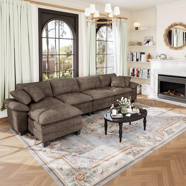 157.5 in. Flared Arm 5-Seat Chenille Modular Sectional Sofa in. Taupe with Throw Pillows and Ottoman for Living Room