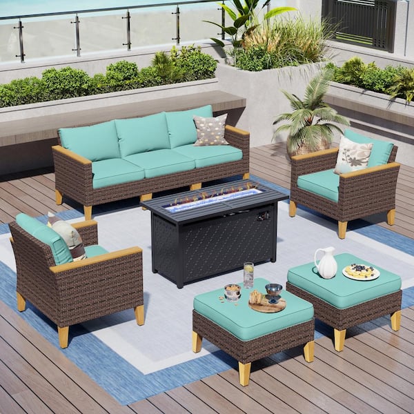 PHI VILLA Brown Rattan Wicker 7 Seat 8-Piece Steel Outdoor Patio Conversation Set with Blue Cushions, Rectangular Fire Pit Table