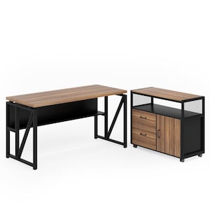 Lantz 55.1 in. L Shaped Desk Brown Engineered Wood 2-Drawer Computer Desk with File Cabinet