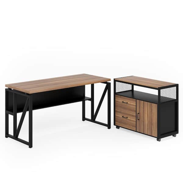 Tribesigns Lantz 55.1 in. L Shaped Desk Brown Engineered Wood 2-Drawer Computer Desk with File Cabinet