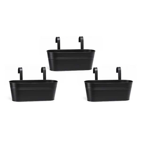 16 in. Black Metal Railing Hanging Drainage Flower Box Planter Fence Deck Patio Outdoor Planters 3-Pieces
