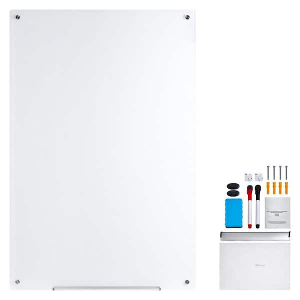SKYSHALO Magnetic Glass Whiteboard, 23.62 in. x 35.43 in. White Metal Framed Dry Erase Board with Marker Tray, Memo Board