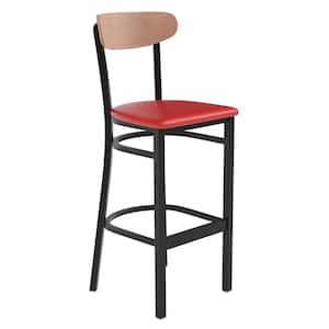 32 in. Natural Birch Wood Back/Red Vinyl Seat Full Metal Bar Stool with Vinyl Seat