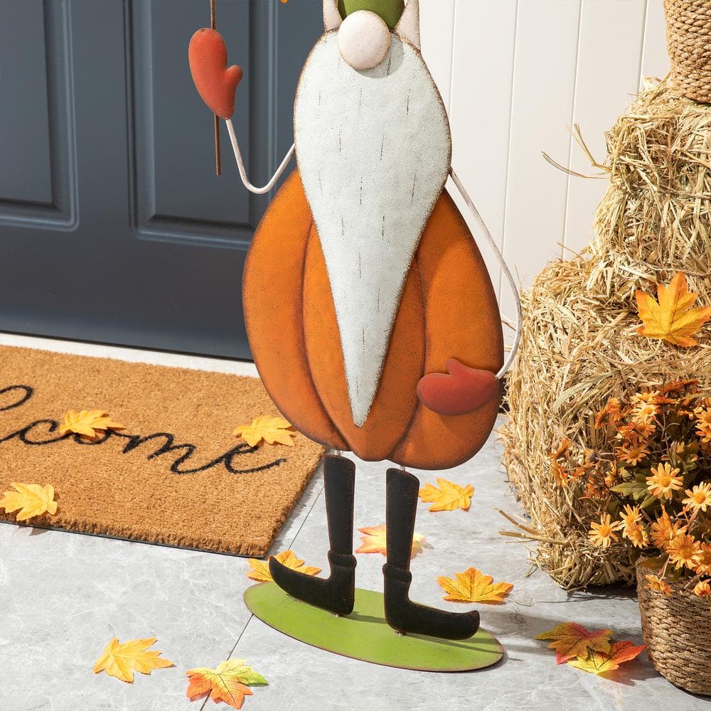 48" Tall Fall Metal Gnome with Pumpkin Body