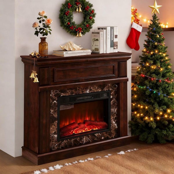 41 in. W Freestanding Wooden Electric Fireplace with Mantel and Remote Control in Cherry
