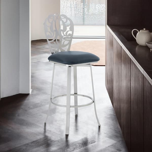 Armen Living Aletris Contemporary 30 in. Bar Height in Brushed Stainless Steel Finish and Grey Faux Leather Bar Stool