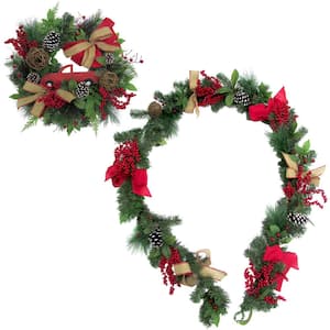 24 in. Artificial Christmas Wreath with Garland, Pinecones, Bows, and Berries