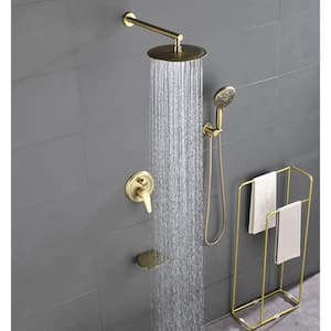 Single-Handle 1-Spray 10 in. Round High Pressure Shower Faucet with 7-Functions Handheld Shower in Brushed Gold