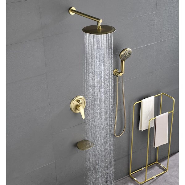Single-Handle 1-Spray 10 in. Round High Pressure Shower Faucet with 7-Functions Handheld Shower in Brushed Gold