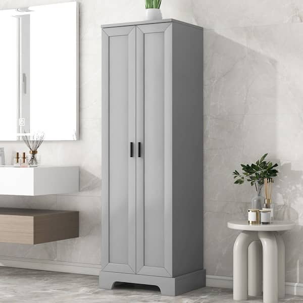 16.9 in W x 23.3 in D x 71.2 in H Gray Wood Linen Cabinet with Adjustable Shelf