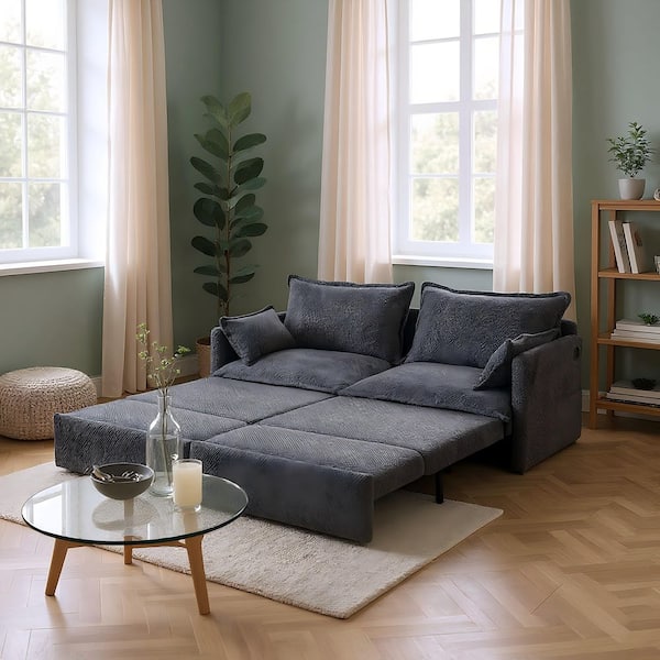 QFLZBY 78.7 x 73.6 in. Corduroy Convertible Sofa Bed with Side Storage and USB Charging Ports in Slate Grey