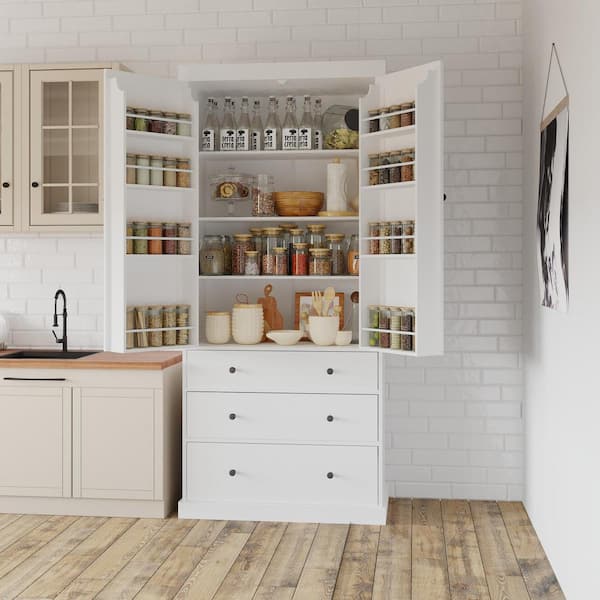 Freestanding White Kitchen Pantry Organizer, Cabinet with 3-Adjustable Shelves, 3-Drawers, 8-Door Inner Shelves