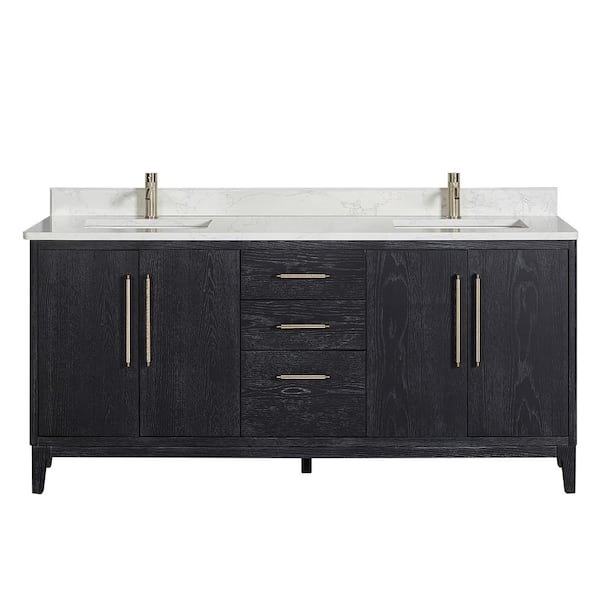 ROSWELL Gara 72 in. W x 22 in. D x 33.9 in. H Double Sink Bath Vanity in Fir Black with White Grain Composite Stone Top