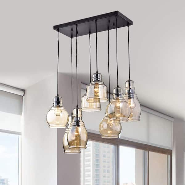 Jojospring Lynn 60-Watt 8-Light Antique Black Pendant Light with Cognac Glass Shades