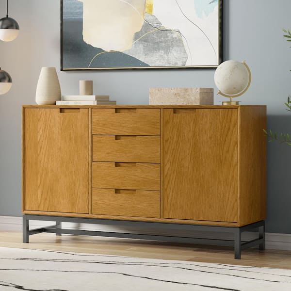 Banting and Metal 60 in. x 18 in. Rectangle Industrial Sideboard with Centre Drawers in Oak Veneer