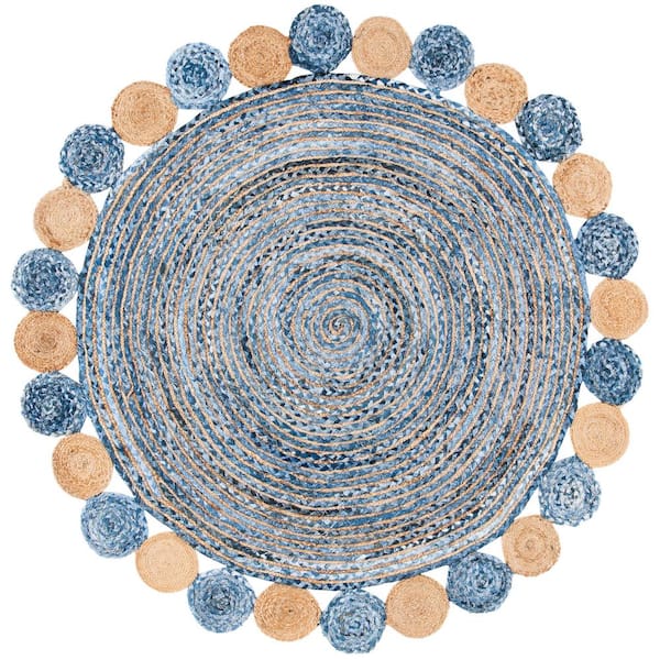 SAFAVIEH Cape Cod Blue/Beige 4 ft. x 4 ft. Circles Border Round Area Rug