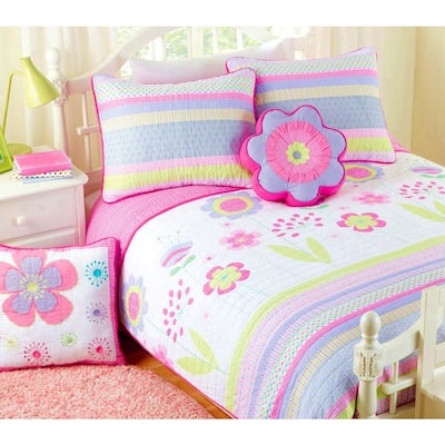 Spring Floral Stripe Dot Flower 5-Piece Purple Pink White Cotton Queen Quilt Bedding Set with 2-Decor Throw Pillows