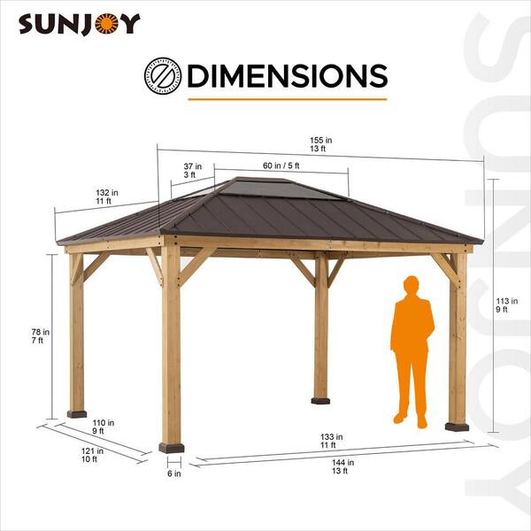 Sunjoy Imani 11 ft. x 13 ft. Cedar Framed Gazebo with Brown Steel and Polycarbonate Hip Roof Hardtop