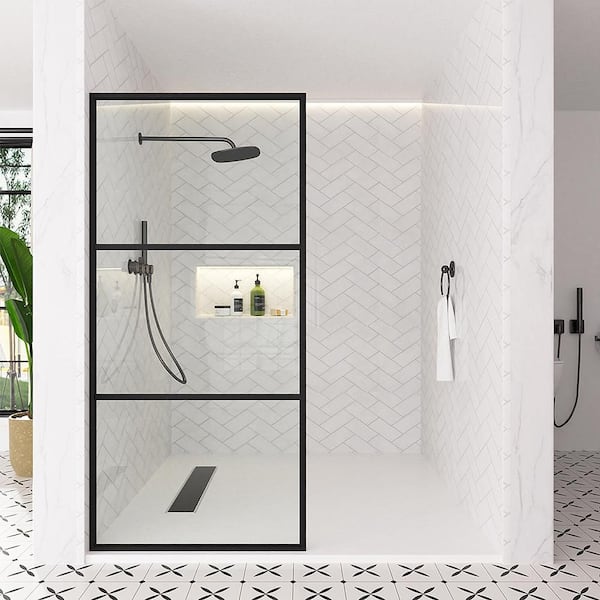 Sylanor Nyssa 34 in. W x 72 in. H Framed Fixed Shower Screen Door in Matte Black with 5/16 in. (8mm) Patterned Glass