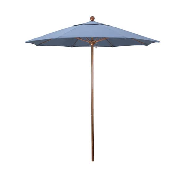 California Umbrella 7.5 ft. Woodgrain Aluminum Commercial Market Patio Umbrella Fiberglass Ribs and Push Lift in Air Blue Sunbrella