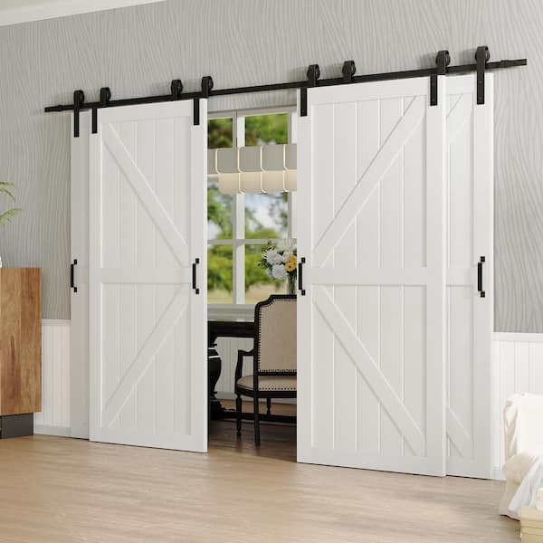 96in x 84in (Double 48"W Doors) White, Painted, Water Proof & MDF, Double K-Shaped Sliding Barn Door with Hardware Kit