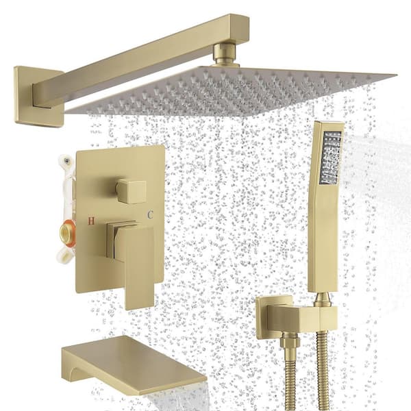 Single Handle 3Spray Tub and Shower Faucet with 12 in. Shower Head 2.5 GPM with High Pressure in. Gold (Valve Included)