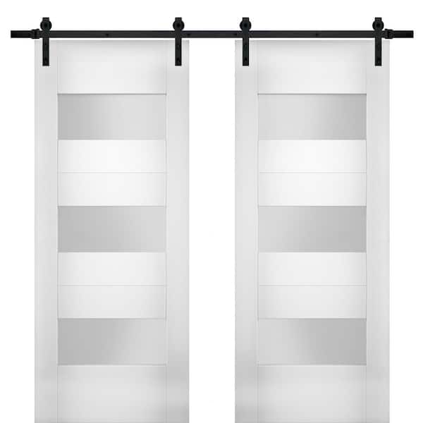VDOMDOORS 72 in. x 96 in. Single Panel White Solid MDF Sliding Doors with Double Barn Black Hardware