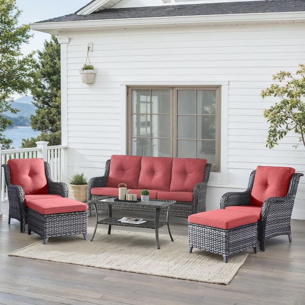 6-Piece Gray Wicker Patio Conversation Set with Olefin Red Cushions and Lounge Chairs/Sofa