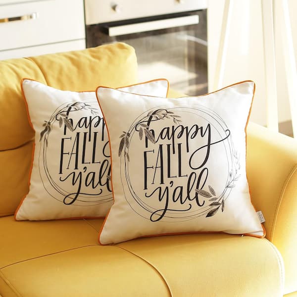 MIKE & Co. NEW YORK White and Orange Decorative Fall Thanksgiving Quote 18 in. x 18 in. Square Throw Pillow Cover (Set of 2)
