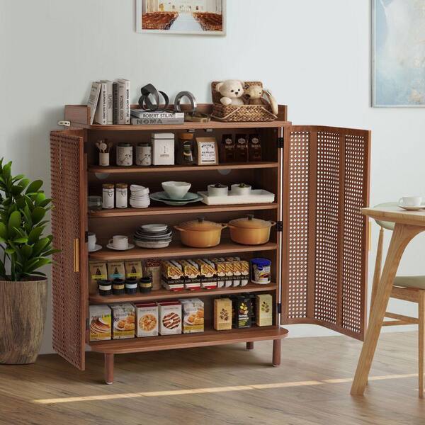 ATHMILE Walnut MDF 39.37 in. H Iron Rattan CurvedSurface Storage