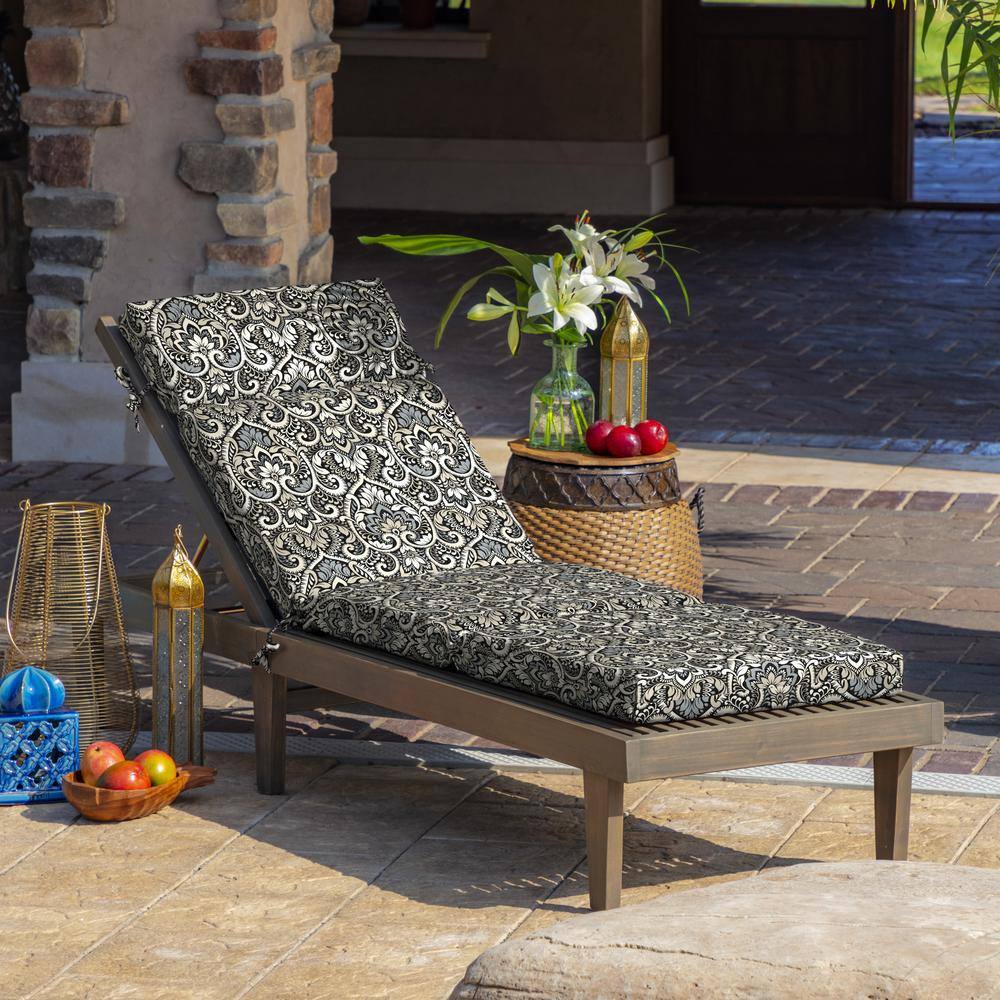 Black Aurora Damask Outdoor Chaise Lounge Cushion, 72 x 21 Inches
