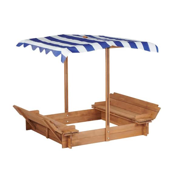 Unbranded 3.87 ft. W x 3.87 ft. L Wooden Sandbox with Adjustable Canopy and Bench Seats-Perfect Outdoor Sandpit for Backyard Fun