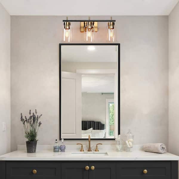 20 in. Modern 3-Light Brass Gold Bathroom Vanity Light, Rustic DIY Black Bath Lighting with Cylinder Clear Glass Shades