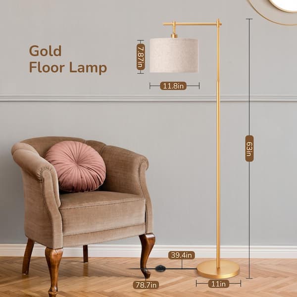 EDISHINE 63 in. Gold 1-Light Arched Floor Lamp for Living Room with Fabric Drum Shade HFLG04A