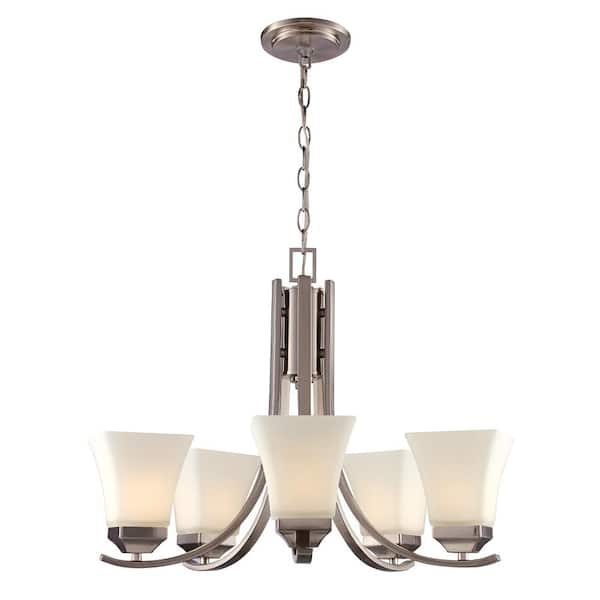 Bel Air Lighting Cameo 5-Light Brushed Nickel Chandelier Light Fixture with White Glass Shades
