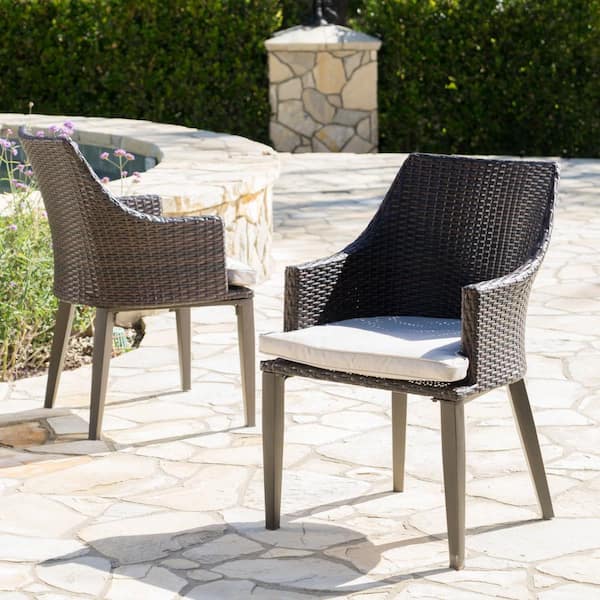 Noble House Ansley Multi-Brown Stationary Faux Rattan Outdoor Dining Chair with Light Brown Cushions (2-Pack)
