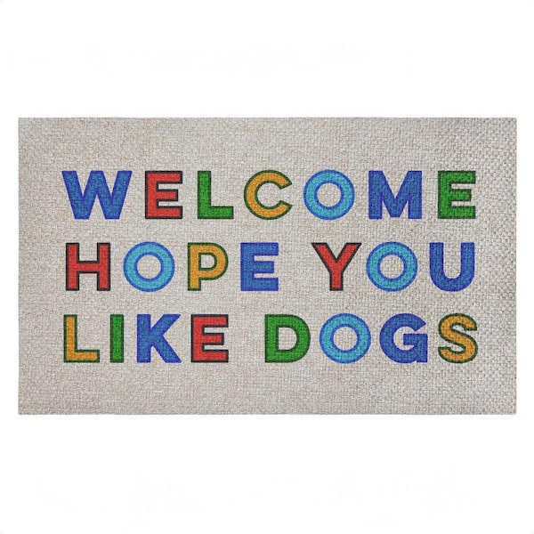 Hope You Like Dogs Greeting Blue 18 in. x 30 in. Polyester Non-Slip Outdoor Door Mat