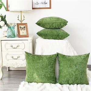 Outdoor Cozy Throw Pillow Covers Cases for Couch Sofa Home Decoration Solid Dyed Soft Chenille Forest Green (4-Pack)