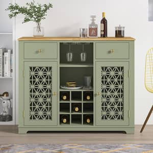Symmetrical Elegance 47 in. Laurel Green Wine Cabinet With Glass Doors Feature a Silk-Screened Pattern Design