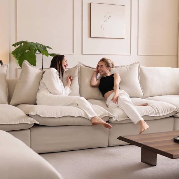 J&E Home 122.82 in Wide Flared Arm Linen L Shaped Sofa with Storage Ottoman, Removable Covers in Beige