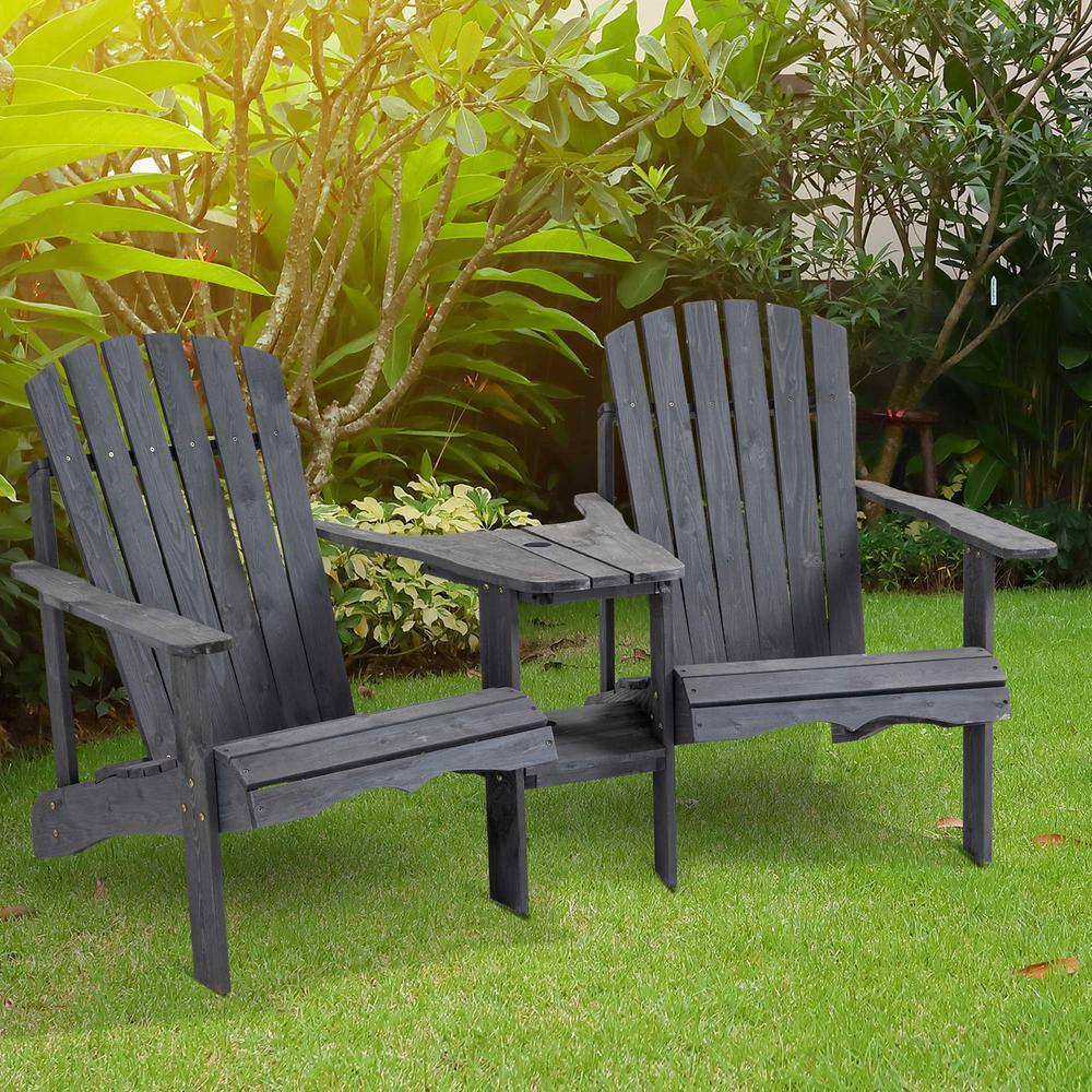Deep Gray Wooden Adirondack Chairs with Table and Umbrella Hole