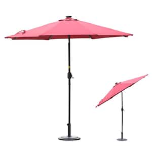 9ft Outdoor Market Patio Umbrella 32 LED Solar Umbrella with Tilt and Crank in Red