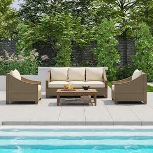 4-Piece Wicker Outdoor Sectional Sofa Set With Wooden Coffee Table And Cushions For Backyard Garden Brown Grey