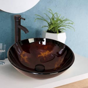 Modern Glass Round Vessel Sink with Oil Rubbed Bronze Faucet and Pop-Up Drain Combo