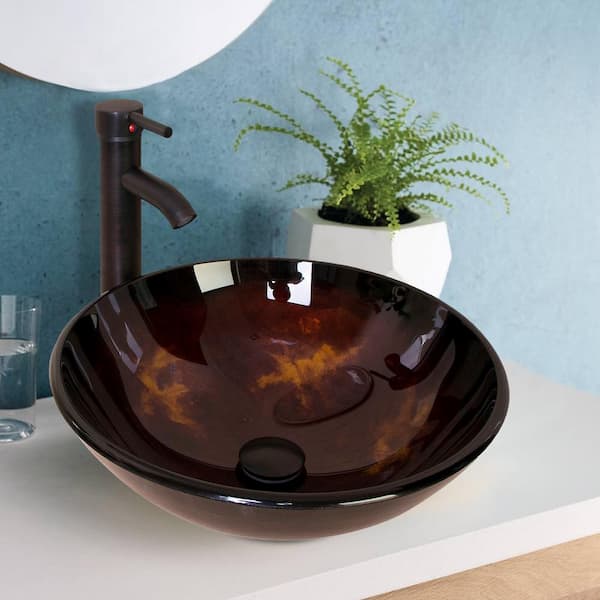 Tahanbath Modern Glass Round Vessel Sink with Oil Rubbed Bronze Faucet and Pop-Up Drain Combo